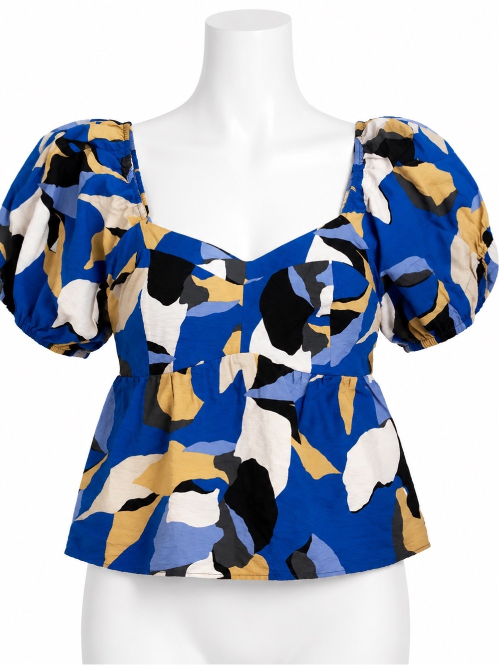 Nine West Blue Abstract Puff-Sleeve Peplum Top